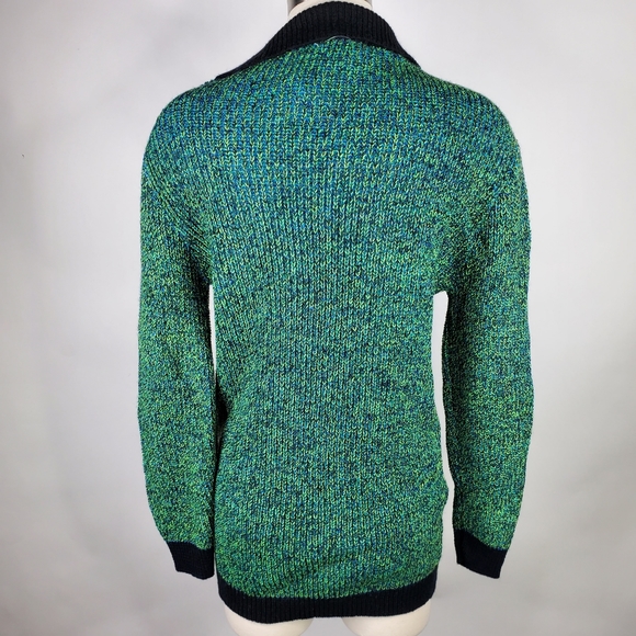 Vintage 70s 80s Neon Green Blue Collared Womens Medium Soft Cozy Sweater - Picture 6 of 7